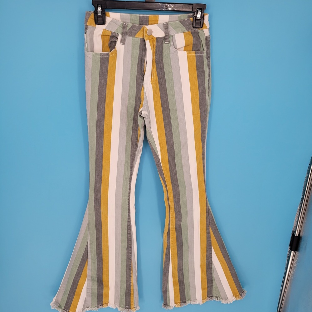 Saints & Hearts Bell Bottom Jeans Womens Small Retro Striped Flare Raw Hem boho
